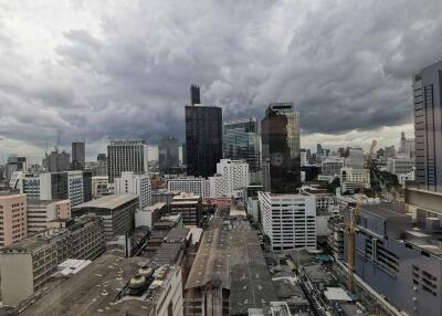 View of the city skyline with numerous buildings under a cloudy sky