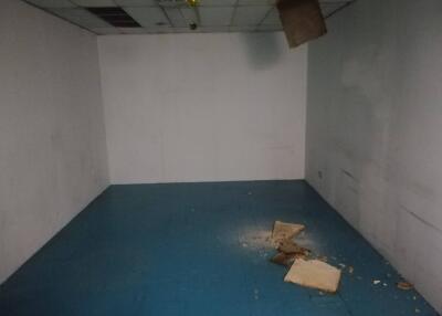 Empty room with blue flooring and damaged ceiling