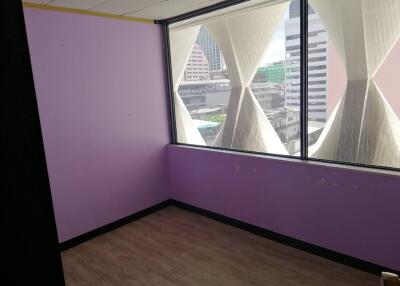 Small room with purple walls and large window