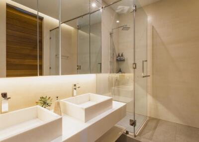 Modern bathroom with glass shower, dual sinks, and large mirror