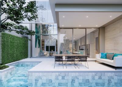 Modern outdoor living area with pool, dining and seating space