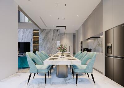 Modern dining area with stylish chairs, marble table, and contemporary kitchen appliances