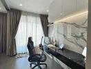 Modern home office with marble wall