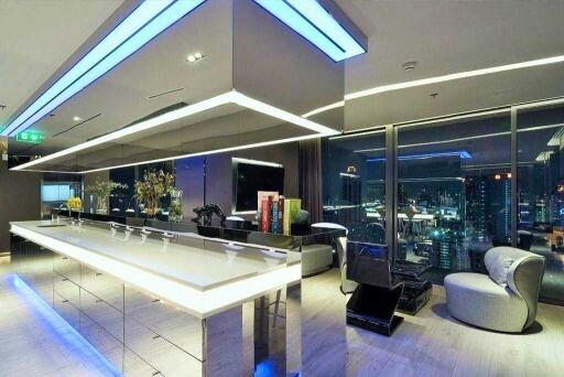 Modern living room with city views and sleek design