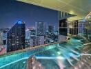 Rooftop infinity pool with cityscape view at night