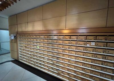 Mailboxes in a building lobby