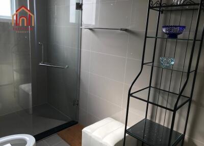 Modern bathroom with glass shower and shelving unit