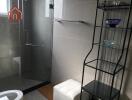 Modern bathroom with glass shower and shelving unit