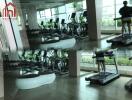 Well-equipped gym with various machines and green view