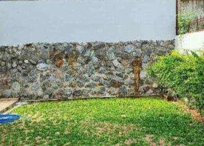 Backyard with grass and stone wall