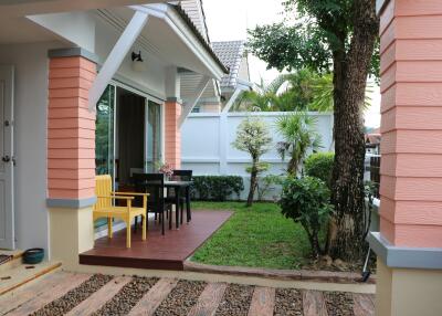 Outdoor patio area with garden view