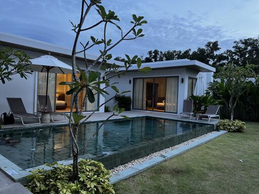 Modern backyard with pool at dusk