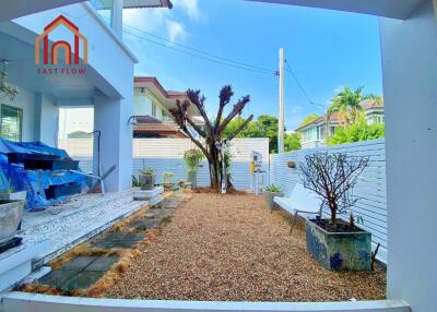 Spacious and sunny backyard garden with seating area