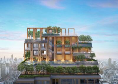 Modern multi-level building with rooftop gardens and cityscape view