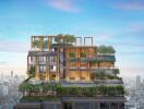 Modern multi-level building with rooftop gardens and cityscape view