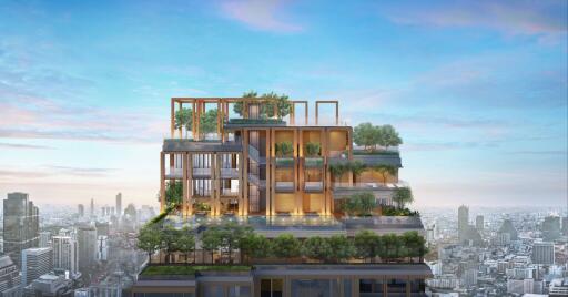 Modern multi-level building with rooftop gardens and cityscape view