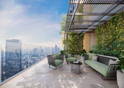 Modern balcony with city view and greenery