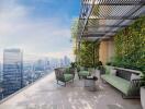 Modern balcony with city view and greenery