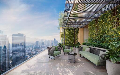 Modern balcony with city view and greenery