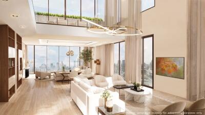 Spacious modern living room with large windows and city view