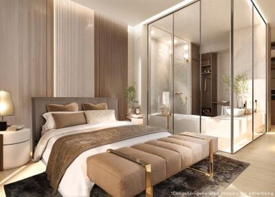 Modern bedroom with glass-walled en suite bathroom