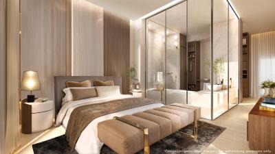 Modern bedroom with glass-walled en suite bathroom