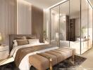 Modern bedroom with glass-walled en suite bathroom