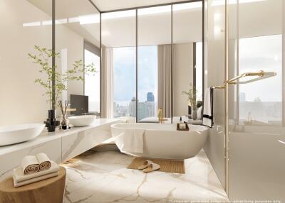 Modern bathroom with a city view