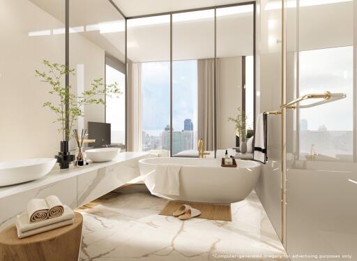 Modern bathroom with a city view