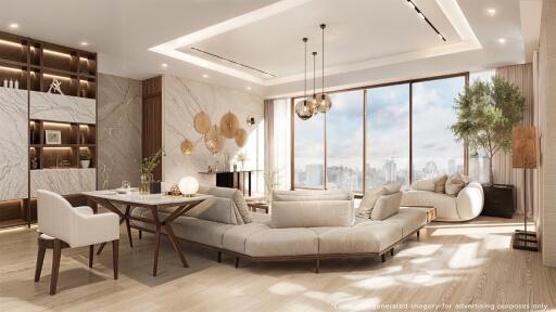 Spacious modern living room with large windows and city view