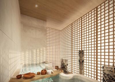 Luxurious bathroom with modern soaking tub and wooden accents