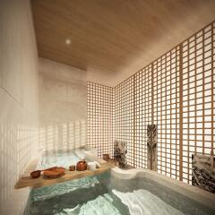 Luxurious bathroom with modern soaking tub and wooden accents