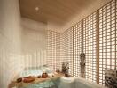 Luxurious bathroom with modern soaking tub and wooden accents