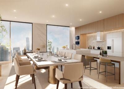 Modern kitchen and dining area with skyline view