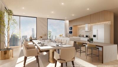 Modern kitchen and dining area with skyline view