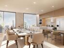 Modern kitchen and dining area with skyline view