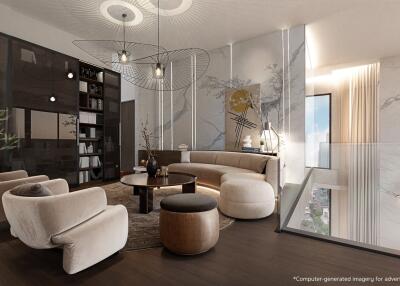 Modern living room with contemporary furniture and large windows