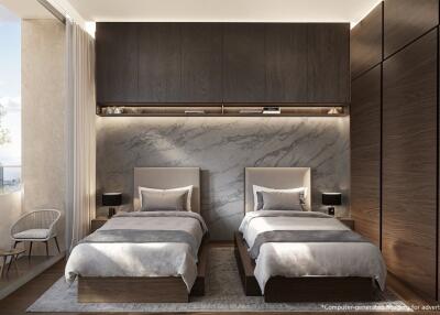 Modern twin bedroom with wooden elements and marble wall