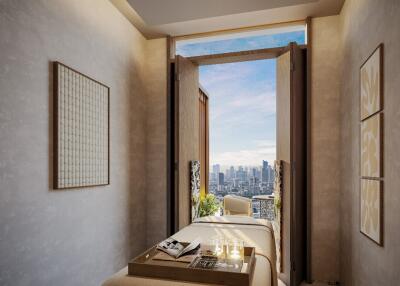 Relaxing spa room with a picturesque city view