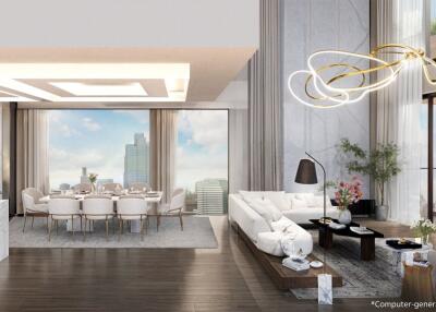 Spacious modern living room with open dining area and city view