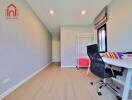 Modern bedroom with desk and shelving