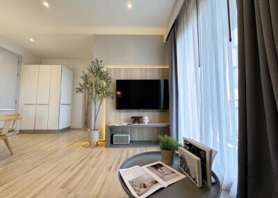 Modern living room with TV and natural light