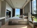 Modern bedroom with large windows and scenic view