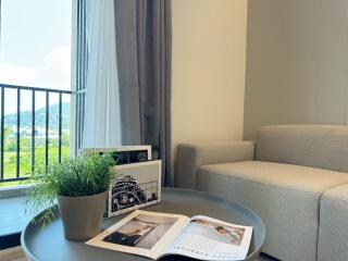 Cozy living room with a grey couch and coffee table by the window