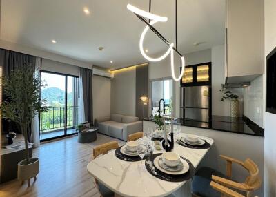 Modern living room with dining table