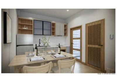 Modern kitchen and dining area with wooden table and chairs