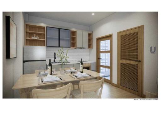 Modern kitchen and dining area with wooden table and chairs