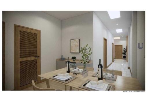 Contemporary dining area with a view into the hallway