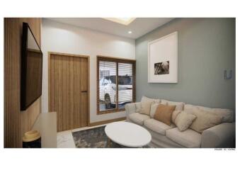 Modern living room with wooden door and window, comfortable seating, and contemporary decor