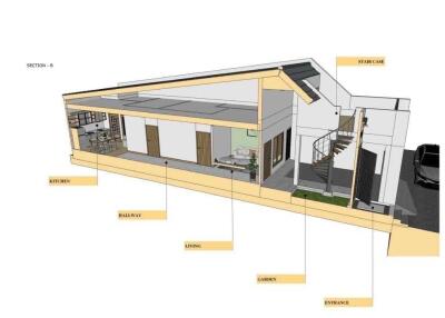 3D architectural section view of a house showing different rooms
